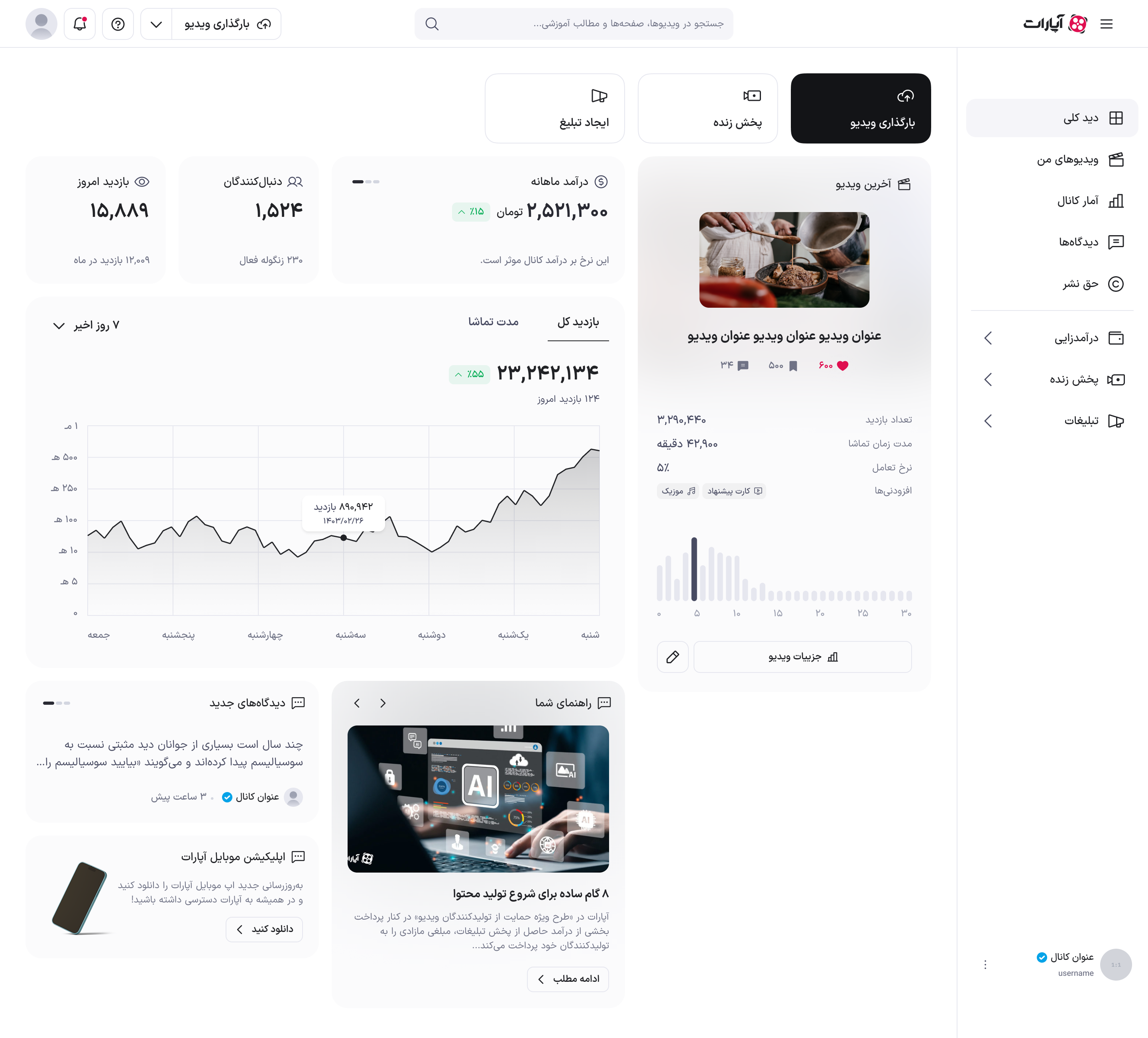 صفحه دید کلی با اطلاعات درآمد