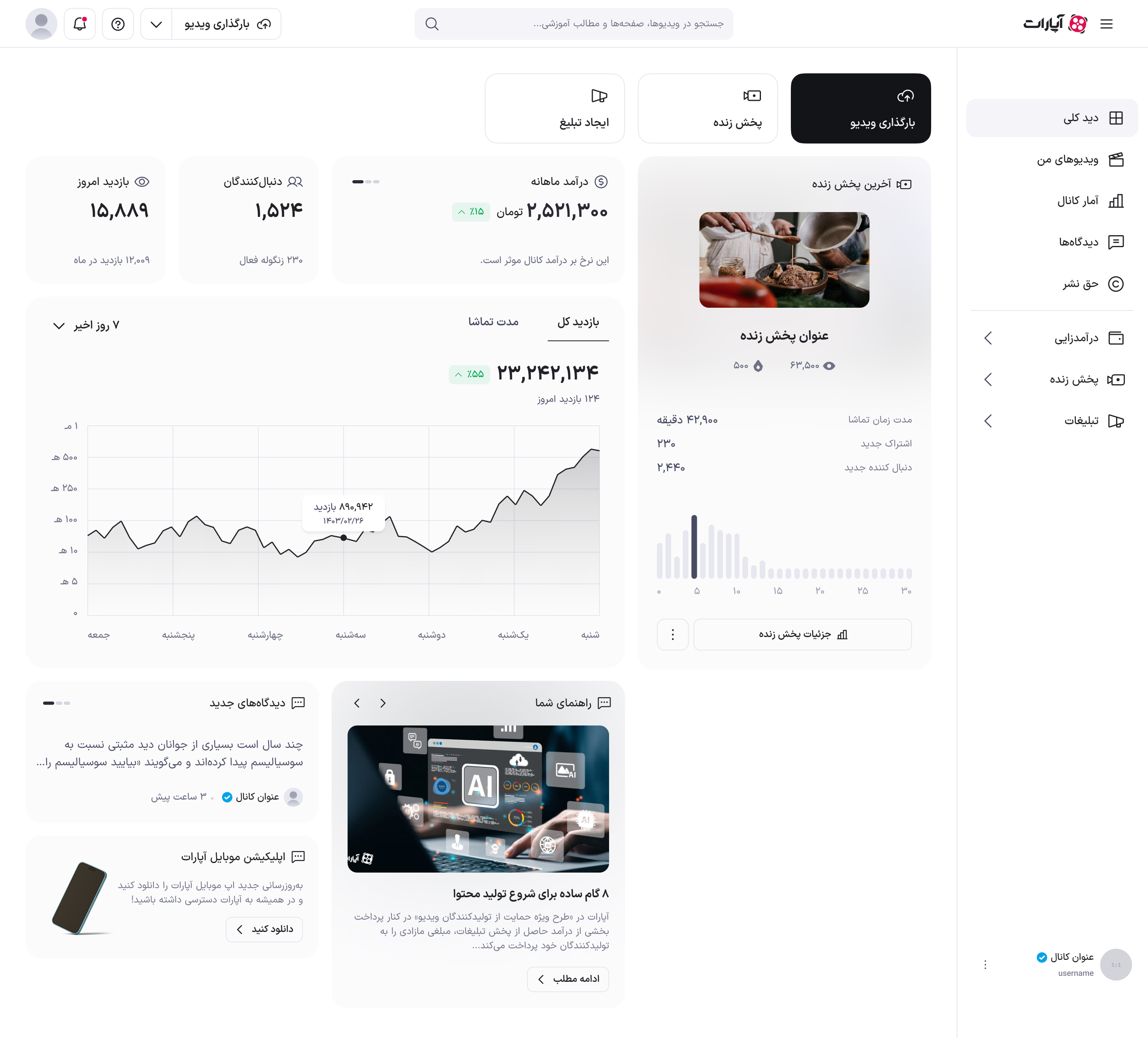 صفحه دید کلی استریمر با اطلاعات درآمد